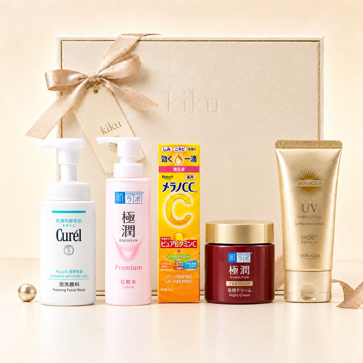 Kiku Complete 5 lépéses rutin - Curél habzó tisztító, Hada Labo lotion, Melano CC szérum, Hada Labo éjszakai krém, Skin Aqua napvédő